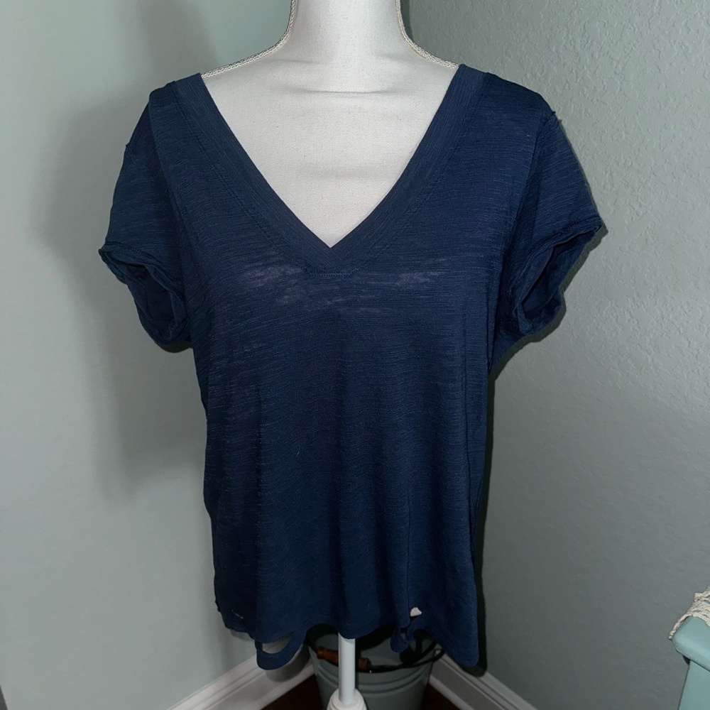 Free People Slub, Distressed Oversized T-Shirt in Blue, Size Medium